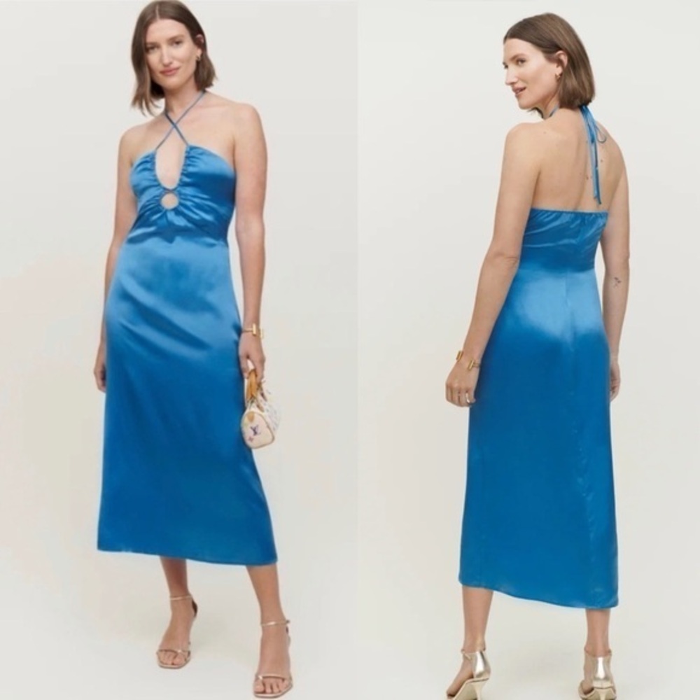 Reformation Antoni Keyhole Silk-Satin Midi Dress in Grotto Blue Halter Sz 0 NWT
